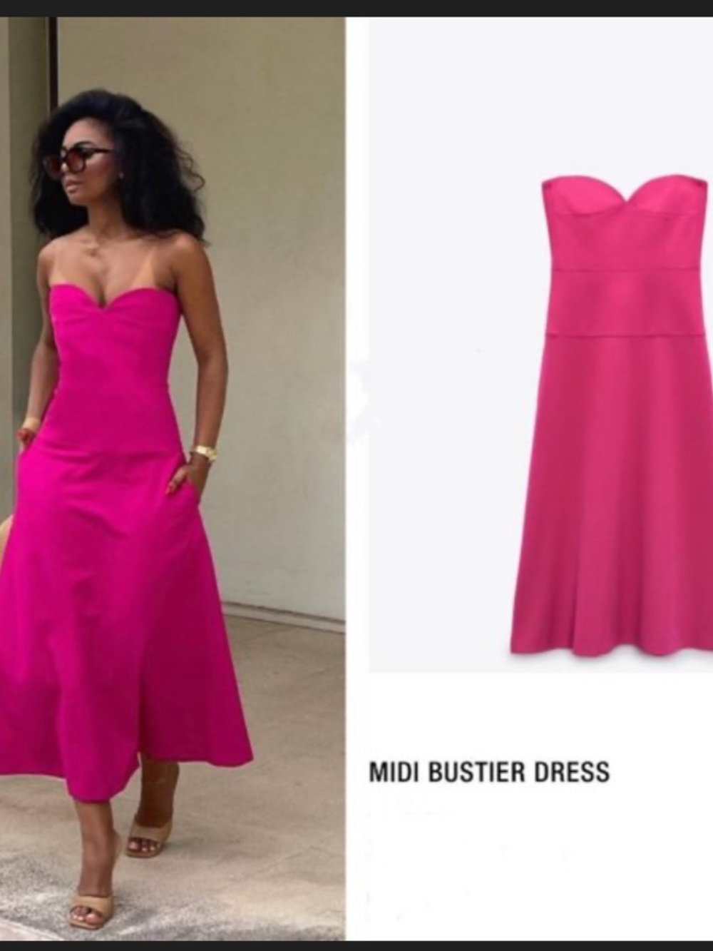 Zara Strapless Midi Bustier Dress in Hot Pink